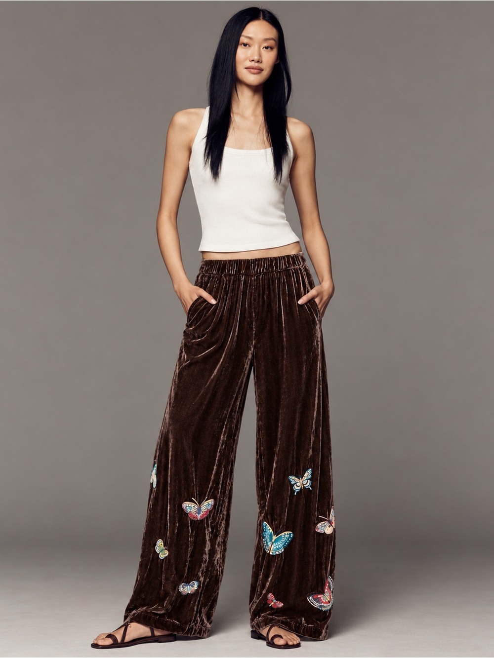 NWT JOHNNY WAS Embroidered Velvet Floral Wide Leg Coordinating Pull-On Pants L